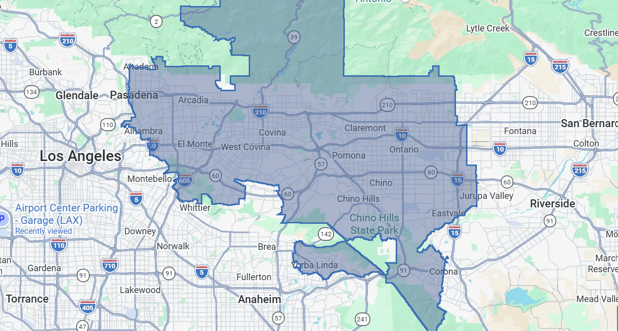 CleanMax Laundry commercial service area map covering Pomona, Ontario, Chino, Rancho Cucamonga, and surrounding cities